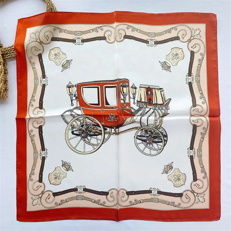 

POBING 100% Pure Silk Scarf Women Horse Carriage Print Square Scarves Small Head Handkerchief Wholesale Hijab Wraps 53x53CM