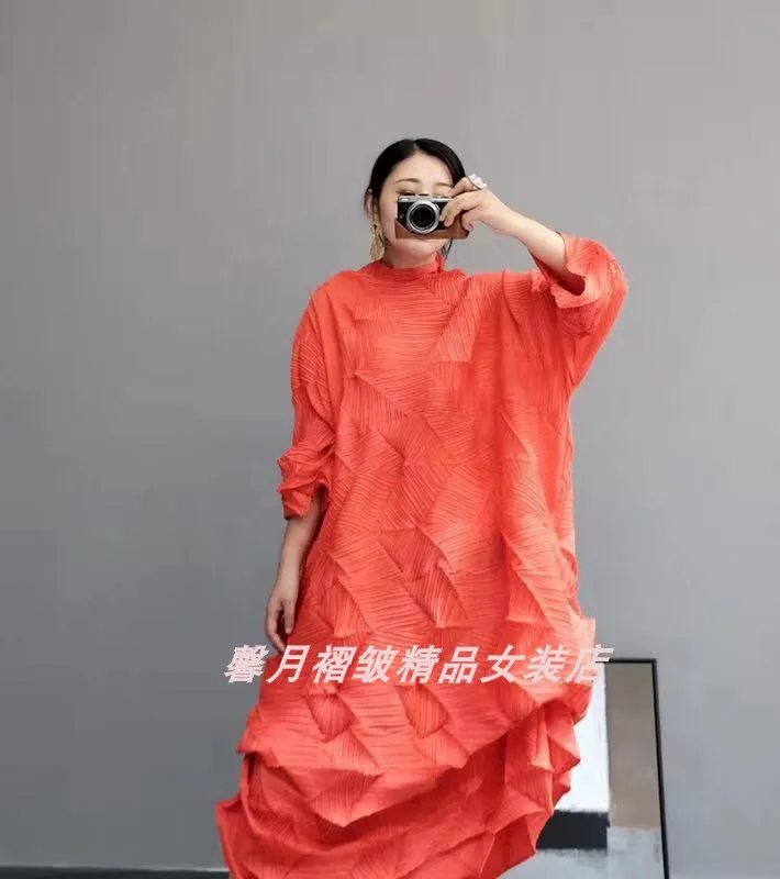 Горячая Miyake модное платье со складками со стразами, однотонное Свободное длинное платье со стоячим воротником