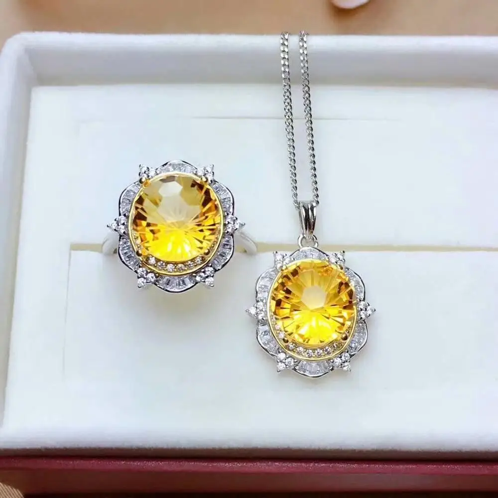 

SHILOVEM 925 STERLING SILVER PIEZOELECTRIC CITRINE RINGS PENDANTS SEND NECKLACE FINE GIFT JEWELRY WOMEN 10*10MM MTZ1010991AGJ