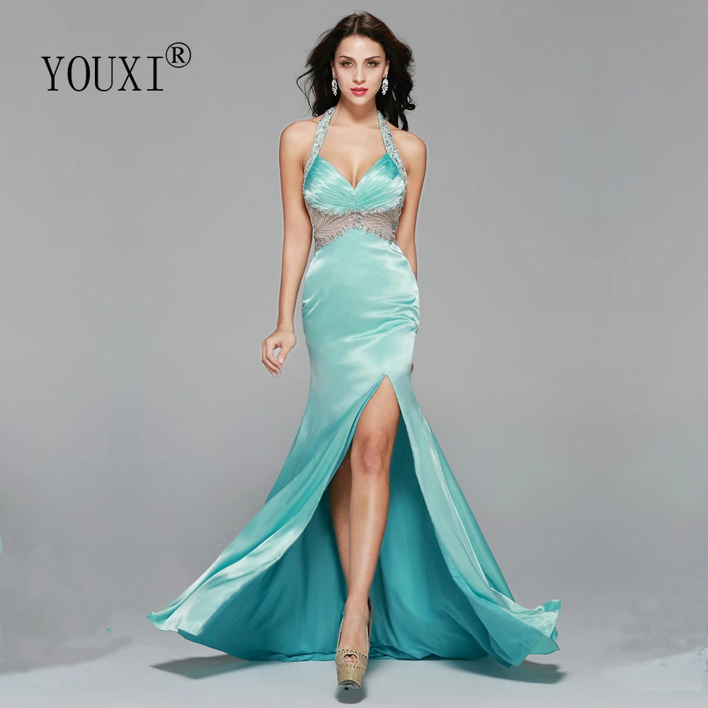 Сексуальное платье Русалочки с лямкой на шее Длинное Зеленое формальное