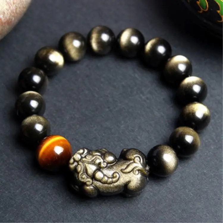 

Natural obsidian bracelet golden Obsidian tiger eye stone jewelry Black Pixiu Wealth and Good Luck Unisex Feng Shui Bracelet