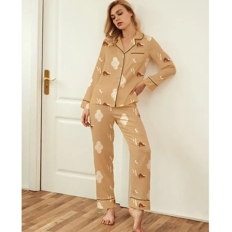 

FITWEE Women'S Pajamas Spring/ Autumn Long Sleeve And Pants Santin Chiffon Animal Female Nightwear Two Piece Suits Size M-2Xl