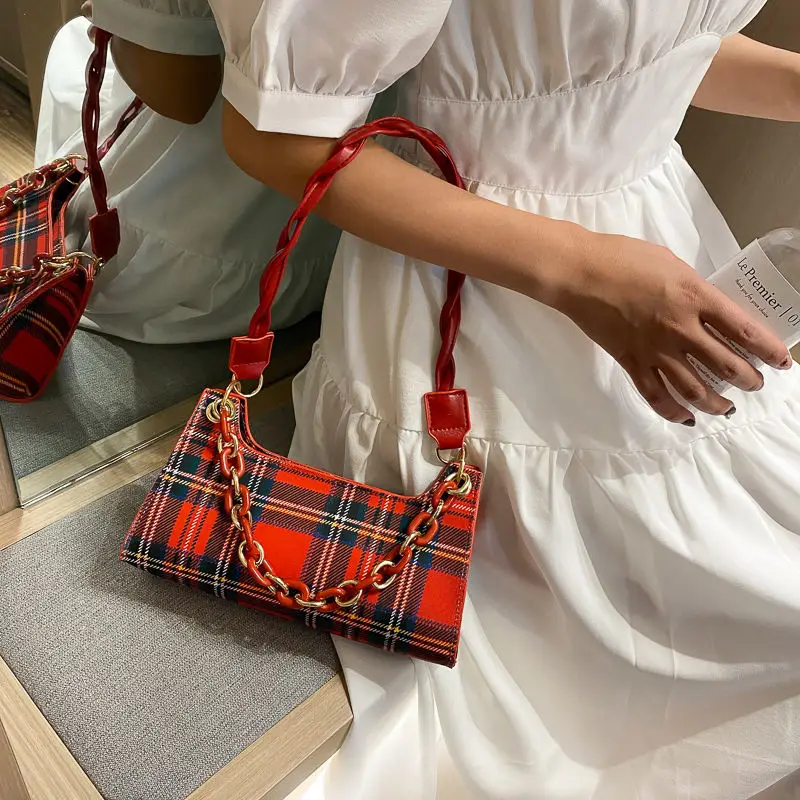 

Fashion Plaid Ladies PU Leather Underarm Shoulder Bags Female All Match Zipper Armpit Bag Retro Baguette Handbags Clutch Purse