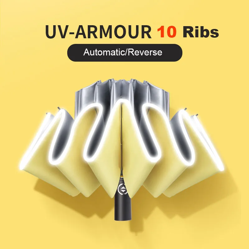 

10 Ribs Windproof Women's Umbrella Male Man Automatic Folding Inverted Umbrella With Reflective Strip Rain Sun Reverse Umbrella