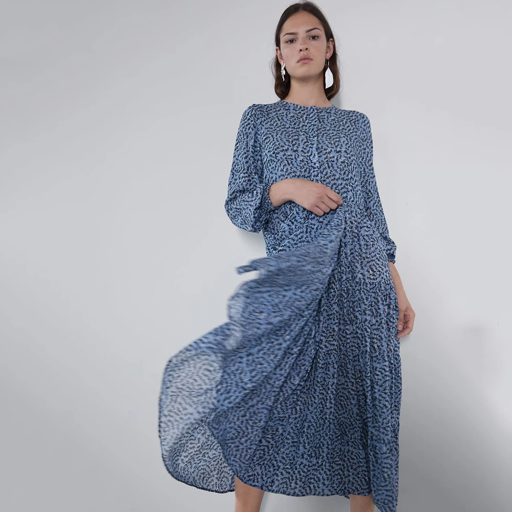 Женское платье с принтом ZA синее длинное круглым вырезом и длинным рукавом