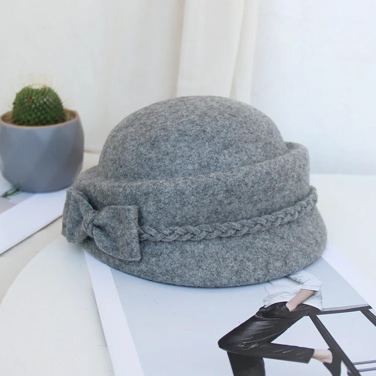 Элегантный винтажный шерстяной косичка с бантом Fedora осень зима женские