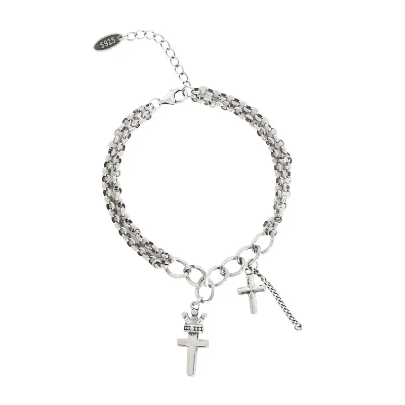 

Thai Silver Cross Bracelet for Women Craft French Minority Fashion Normcore Style Crown Double Layer Bracelet for The Besties