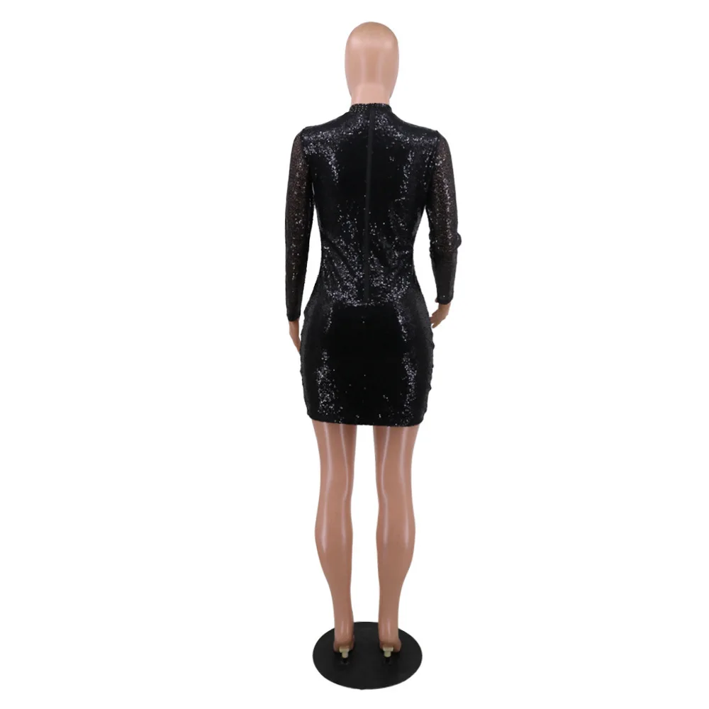 

Mesh Sequin Rhinestone Spliced Party Dress Women Turtleneck Long Sleeve Perspective Dresses Elegant Bodycon Mini Celebrity Dress