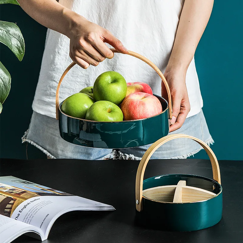 Creative Ceramic Dry Fruit Dessert Snack Tray with Bamboo Handle Home Compartment Bowl Living Room 4 Grid Storage Basket | Дом и сад