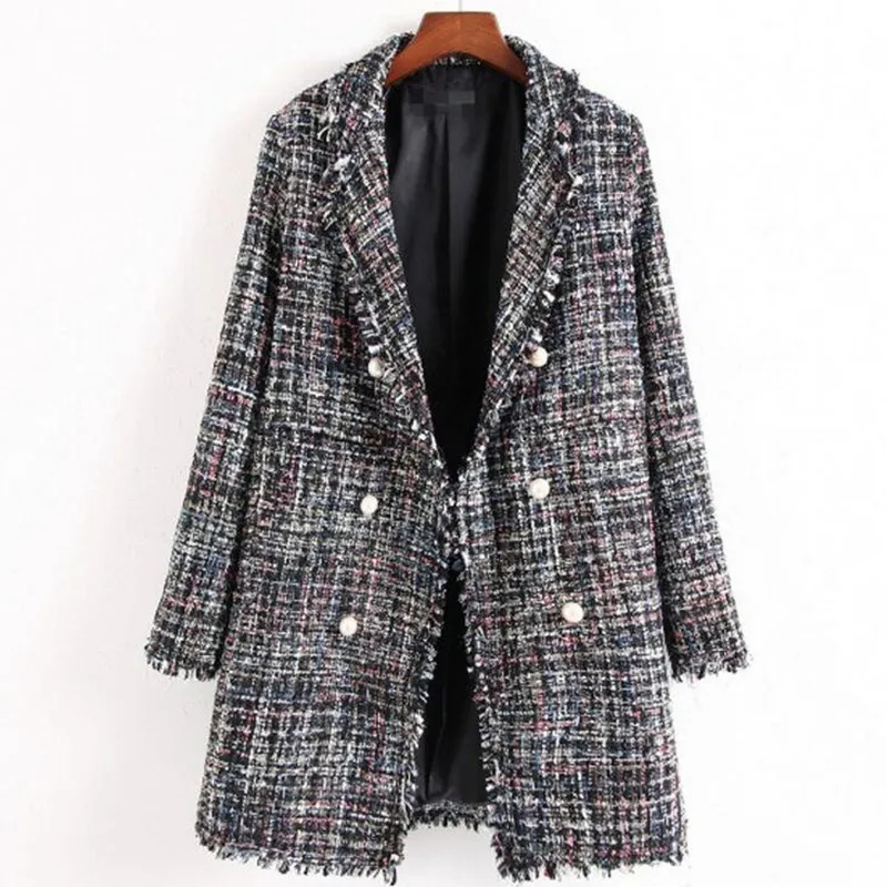 Женская твидовая куртка в клетку Повседневная Свободная с жемчужными пуговицами