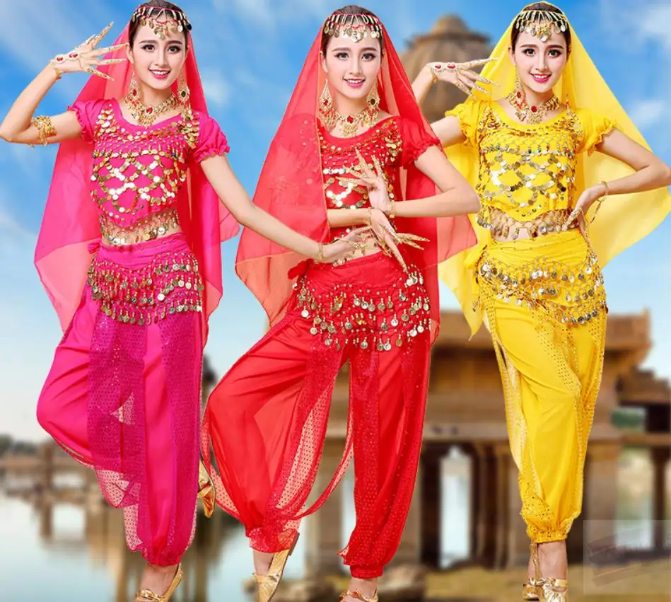Индийский танец сари живота юбка костюм для женщин шифон 5 шт. Болливуд набор