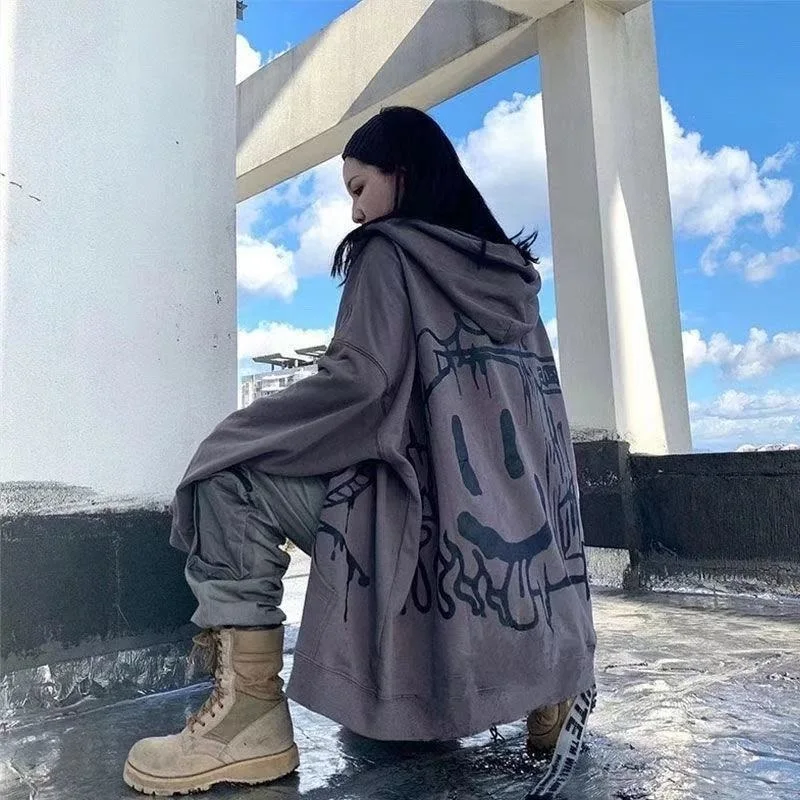 

Punk Hoodie Women Harajuku Smile Printed Hoodie Girl Funny Hip Hop Tops Cool Jacket Streetwear Female clothing sweatshirts size