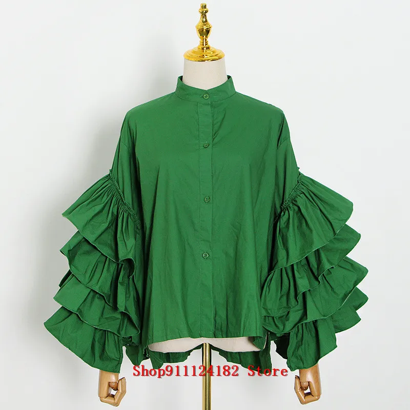 

2021 Spring New Shirt European Station Ladies' Temperament Versatile Design Layer By Layer Trumpet Sleeve Blouse Women