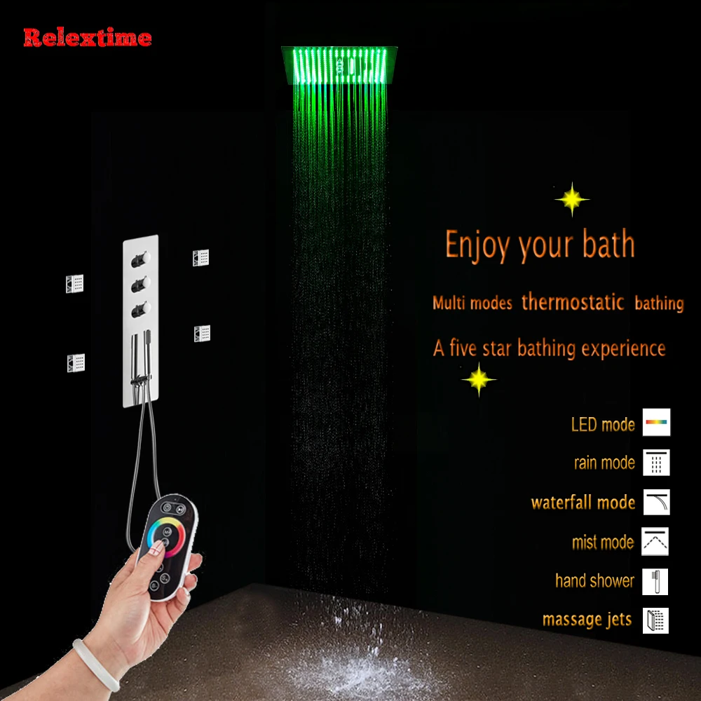 Полированный хромированный смеситель для душа с большим дождем светодиодный