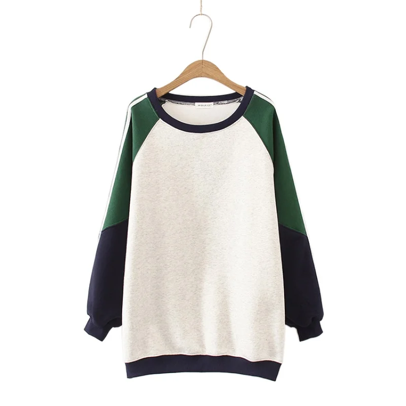 Autumn Winter New Casual Women's Sweatshirts Stitching Plus Velvet Thick O-neck Loose Raglan Sleeve Harajuku Sweatshirt 2012290