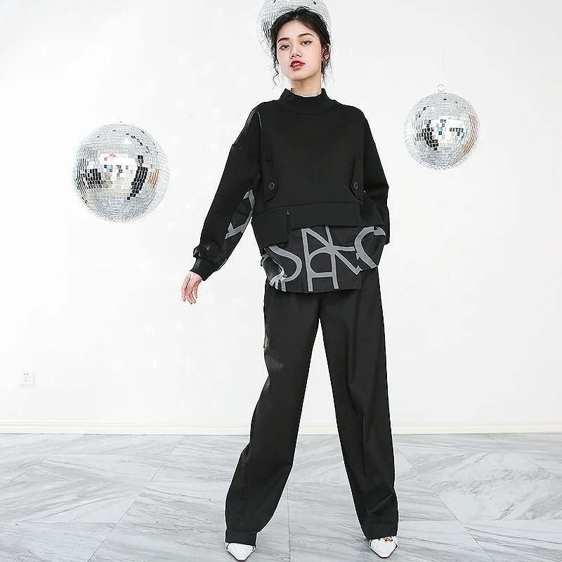

[EAM] Women Big Size Iregular White Letter T-shirt New Stand Collar Long Sleeve Fashion Tide Spring Autumn 2021 1DD023201
