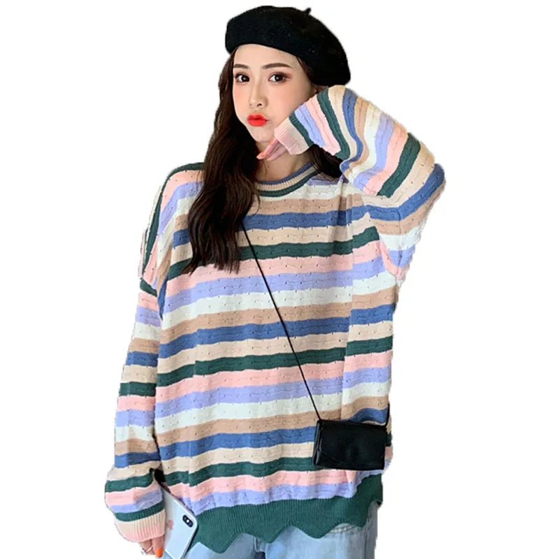 

Autumn And Winter Korean pullover loose contrast color striped round neck sweater outer wear long-sleeved sweater women