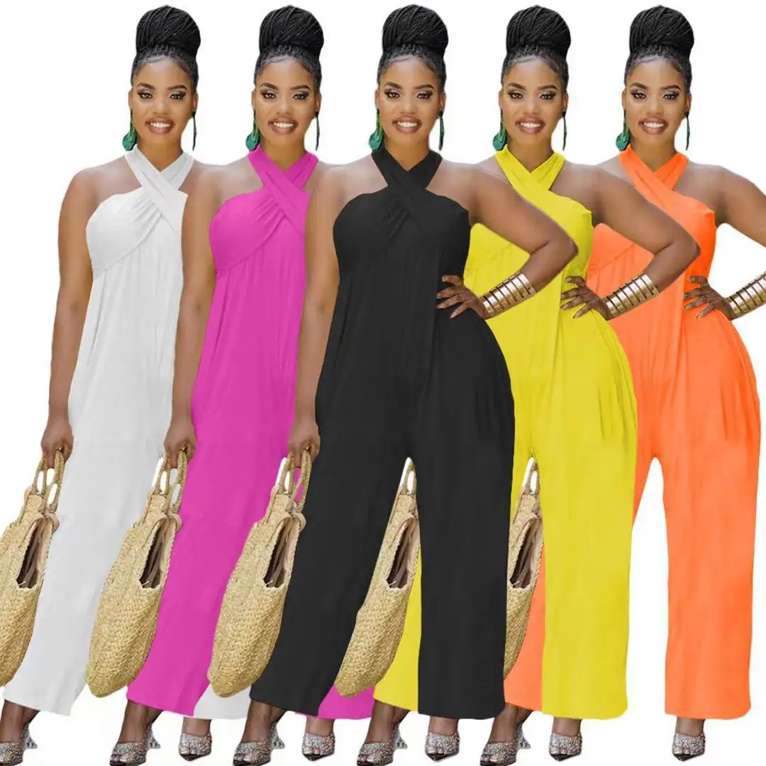 

Fashion Loose Comfortable Long Jumpsuit Halter Open Back Sleeveless Outfit Elegant Party Birthday Wear Dropshipping