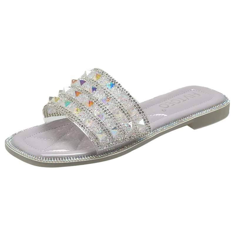 

Shoes Women Rivet Slippers Casual Glitter Slides Shale Female Beach Pantofle Square Toe Soft Luxury Jelly Sabot 2021 Flat TPR P