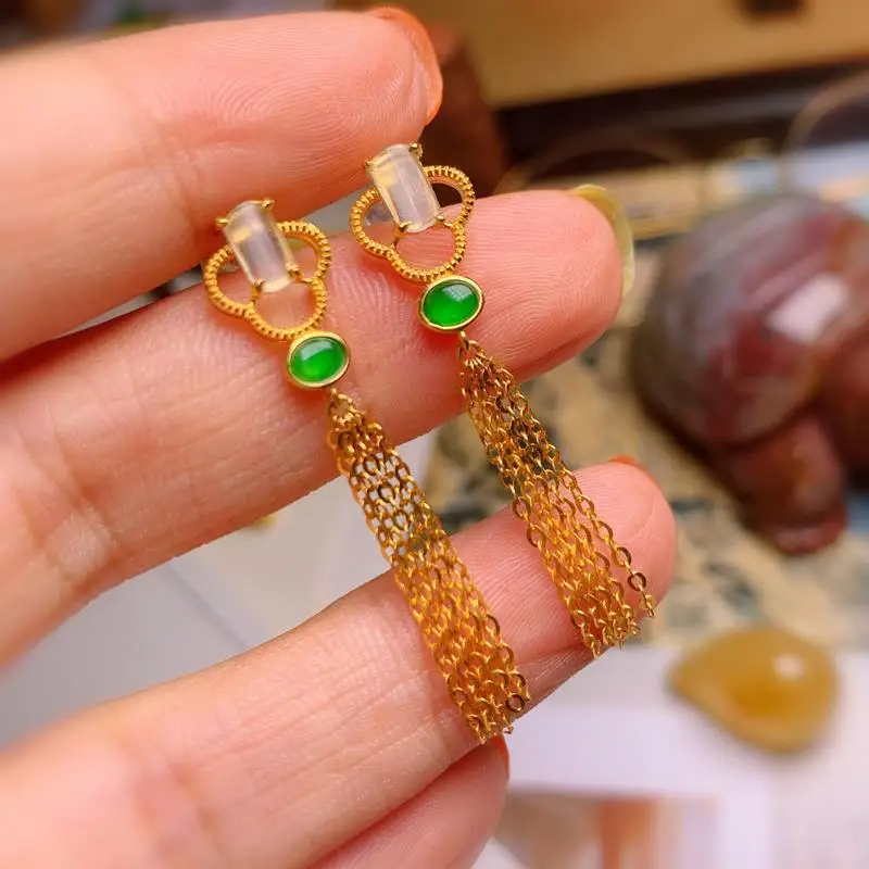 

Серьги из натурального стекла с кисточками из халцедона, серьги в китайском ретро-стиле, аристократические легкие Роскошные Очаровательны...