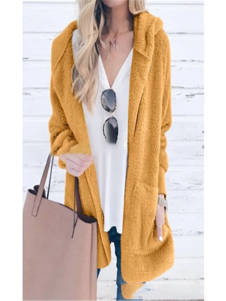 

European and American autumn and winter plus size new solid color plush hooded long-sleeved fashion casual cardigan jacket