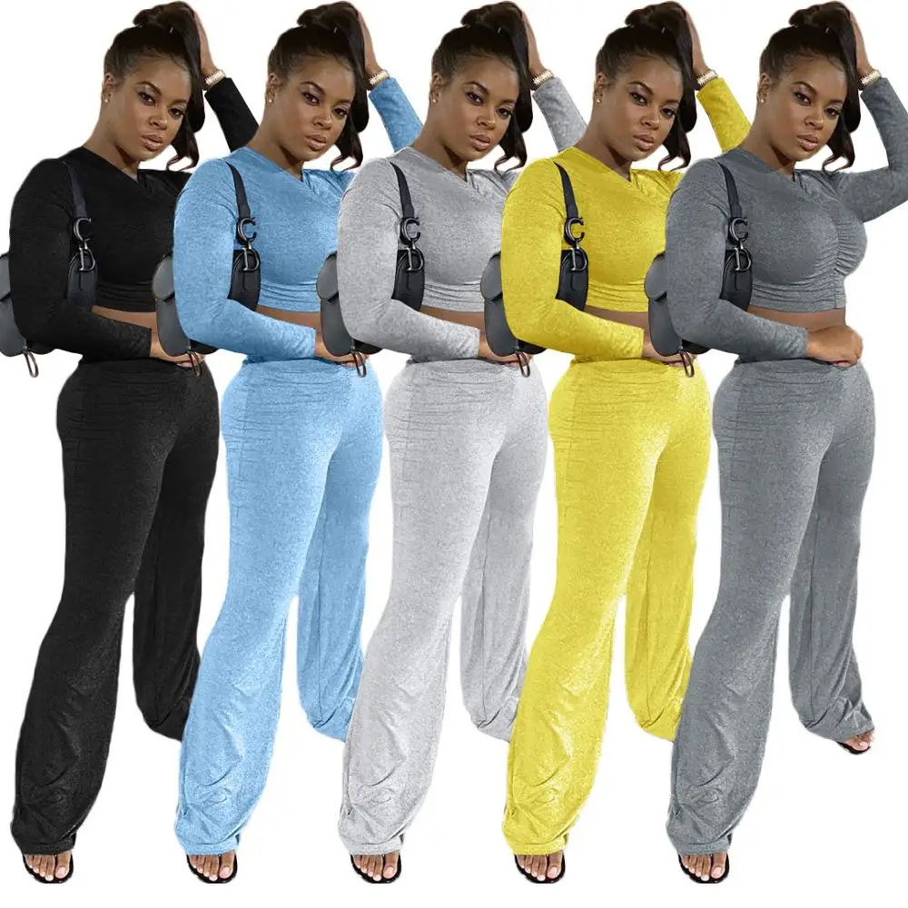 

Autumn Solid Sports Two Piece Set Fitness Clothes For Women Long Sleeve Crop Top Flare Pants Gym Workout Running Sportswear Set