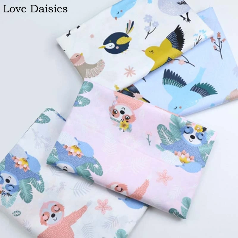 100% хлопок саржа белый синий розовый мультяшный цвет птицы цветы Ленивец Листья