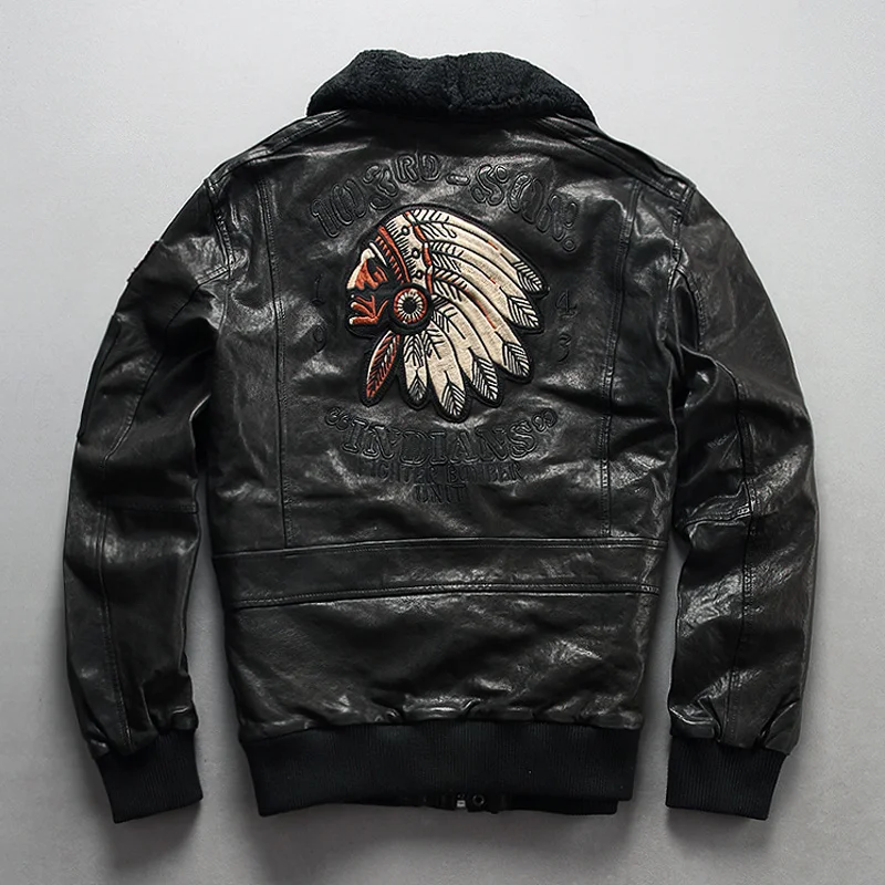 2022 flight jacket men's fur collar real leather with chief embroidery stylish winter bomber lether coat men | Мужская одежда