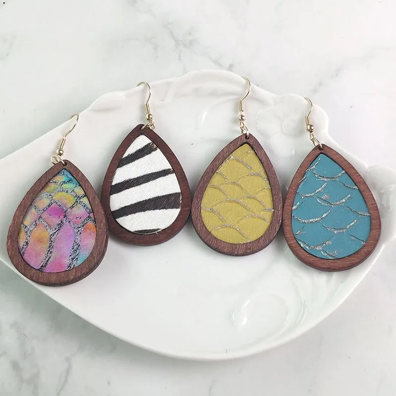 2020 новые богемные винтажные рыбные чешуи кожаные деревянные серьги-капли для