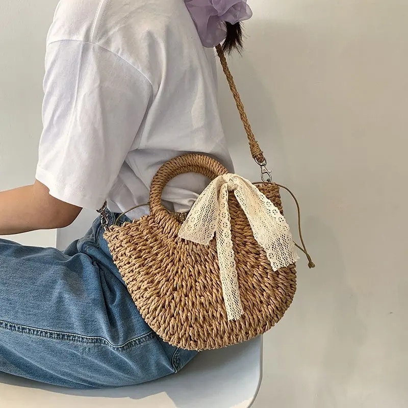 Summer Brand Straw Bag Women Hand-Woven Handbag Moon Shape Lace Bow Rattan Bag Drawstring Casual Beach Shoulder Crossbody Bag