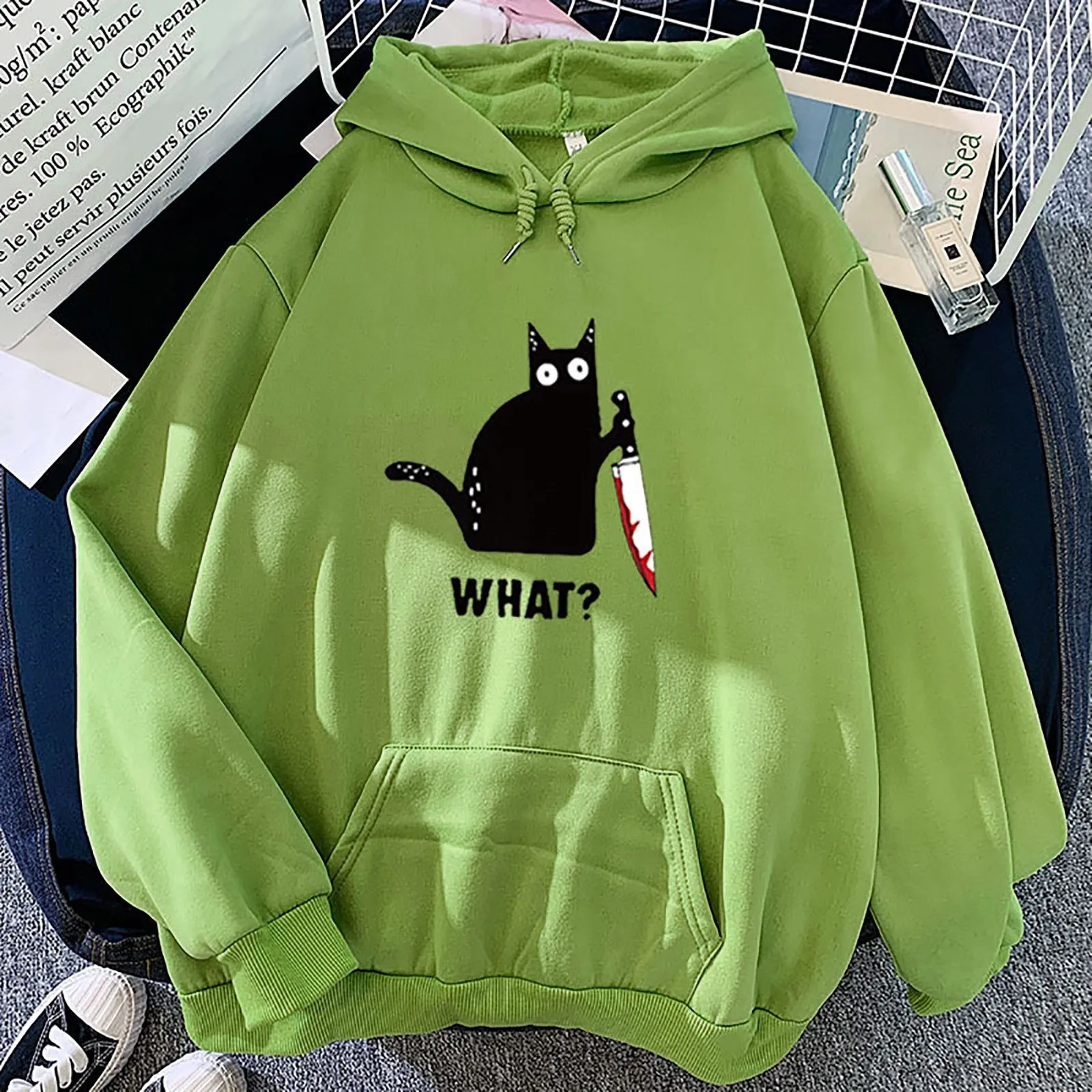 

2021 Cartoon CAT WHAT Oversized Hoodies For Women Clothes Pink Harajuku Y2K Graphic Top Ladies Hip Hop Sweatshirt Streetwear