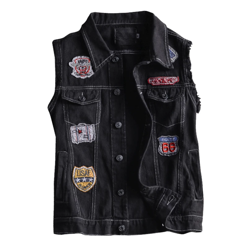 Idopy Модные мужские джинсовый жилет в стиле панк рваные вечерние Slim Fit Лоскутная