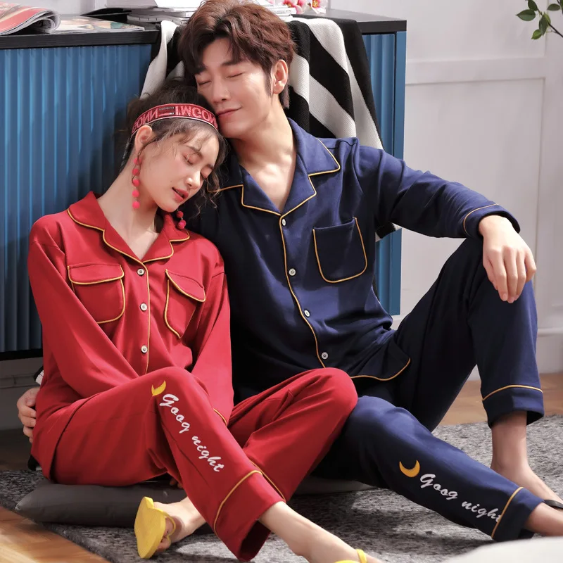 Mens and Womens Pajamas Cotton Long-Sleeved Korean-Style Cardigan Thin Homewear Set Autumn Winter Models home suit sleepwear