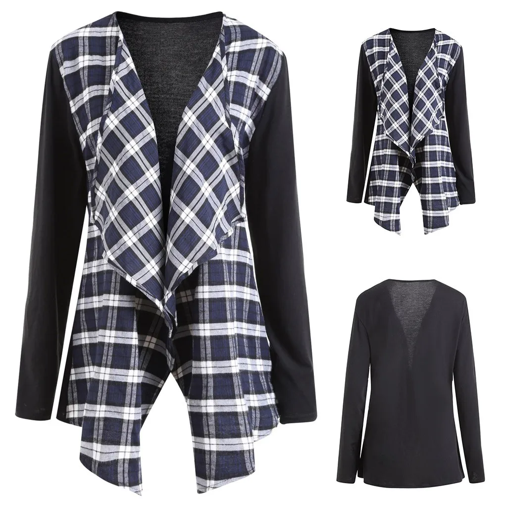 Женское теплое пальто с длинным рукавом черно белое клетчатое Стеганое кардиган