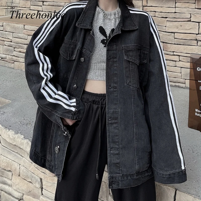 

High Quality Women Korean Denim Jacket 2021 Autumn Streetwear Baggy Stripe Long Sleeves Outwear Ladies Fashion TOP Clothes Coats