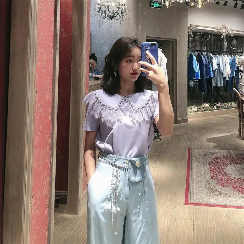 

Женская рубашка с коротким рукавом, элегантная Свободная рубашка в стиле ретро, украшенная бусинами, с кружевом и отворотом, с пышными рукав...