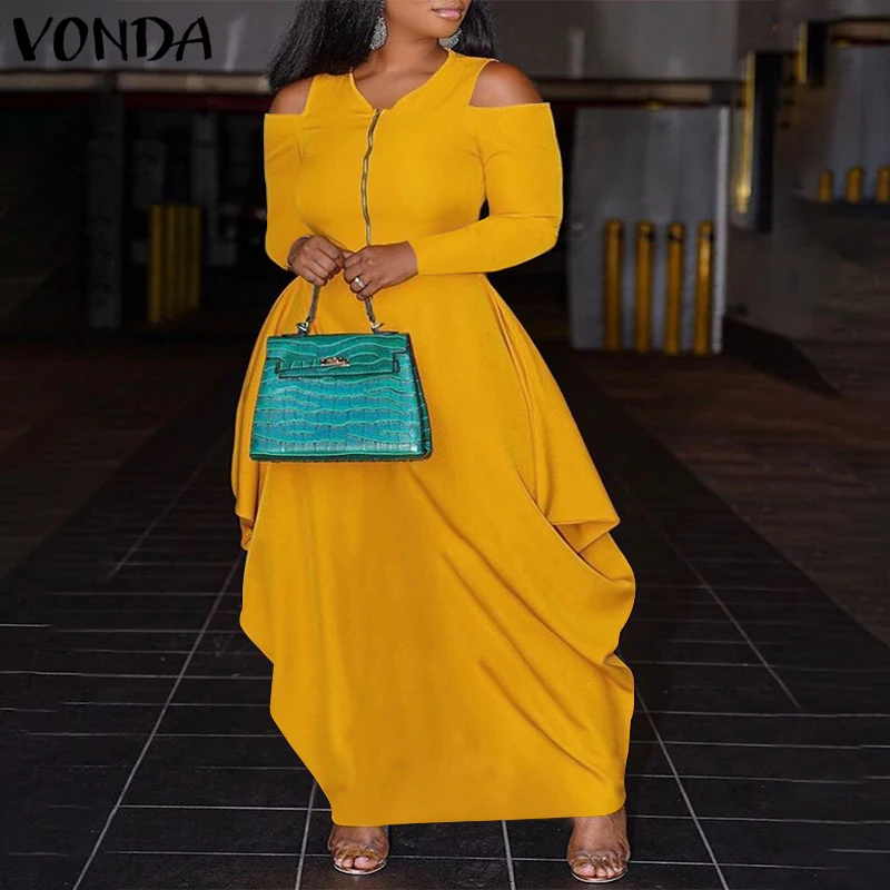 

VONDA 2021 Women Elegant Dress Ladies Office Long Maxi Dress V Neck Solid Color Long Sleeve Party Vestido Oversized Robe Femme