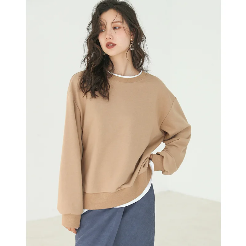 

2021 new temperament round neck loose lazy style stitching fake two-piece top one