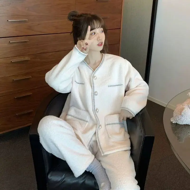 

QWEEK Flannel Winter Warm Women's Pajamas Female Set Woman 2 Pieces Elegant Sleepwear Brief Pijama Casual Pyjamas Loungewear Pjs