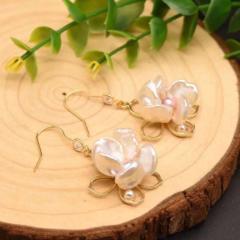 

Natural Baroque Freshwater Pearl Flower Drop Earrings For Women Girl Wedding Party Luxury Gift Fine Jewelry Hook Earring Fashion