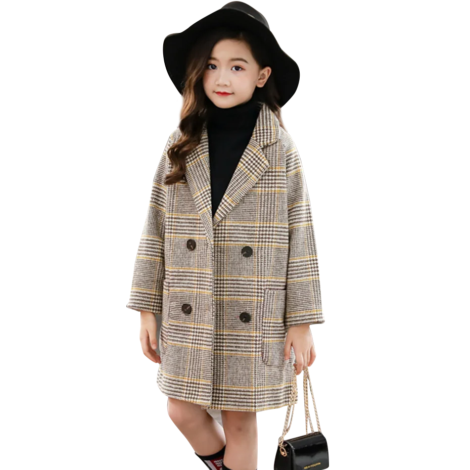 Пальто для девочек клетчатые пальто с узором детская осенне-зимняя куртка
