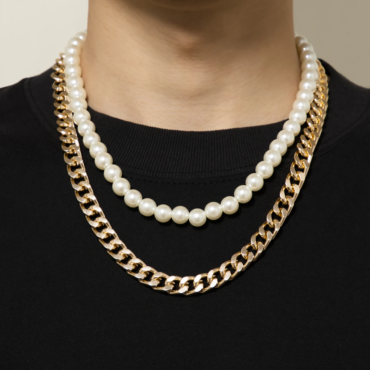 

Punk Layered Pearl Beads Short Choker Necklace for Men/Women Trendy Thick Chain Necklace Set on Neck 2022 Fashion Jewelry Collar