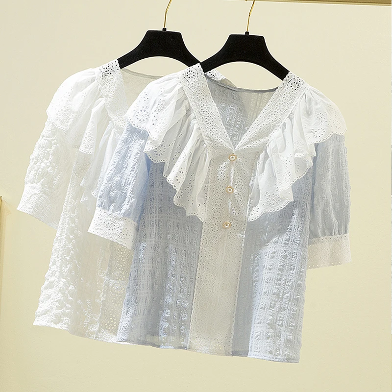 

Casual 4XL 2022Summer Lace Blouse Women New Short Sleeve Ruffle Patchword V Neck Loose Shirt Sweet Fashion Women Tops 14211
