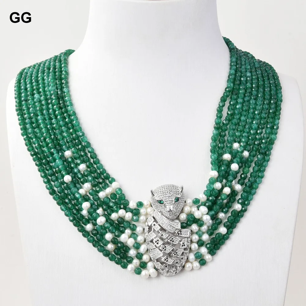 Ожерелье с зелёным агатом и белым жемчугом 18 дюймов 9 нитей|pearl necklace|white pearl
