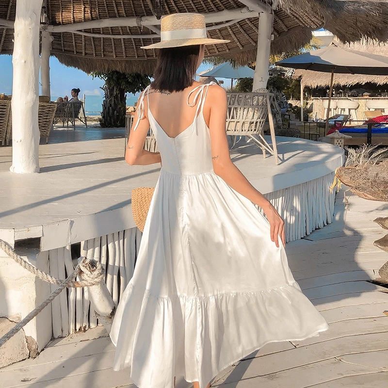 

Summer Women White Sleeveless Dress Solid Party Dress Elegant Female Summer Strap Long Dress Casual