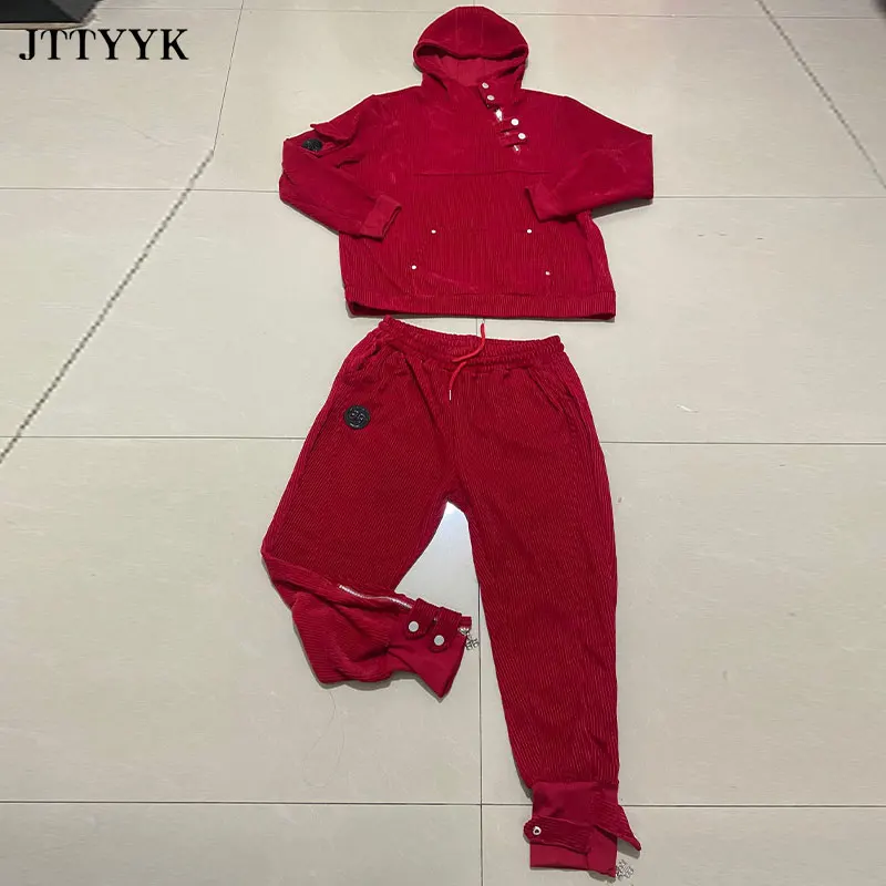 

Plus size 6XL Autumn Winter 2 piece suit Women 2021 Korean loose corduroy hooded top + Long pants sports two-piece suit LJ308