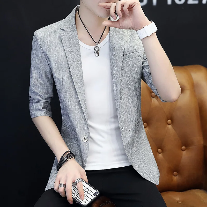 

2021 Men's Half Sleeve Solid Color Suit Youth Summer Thin Three-Quarter Sleeve Slim-Fitting Suit