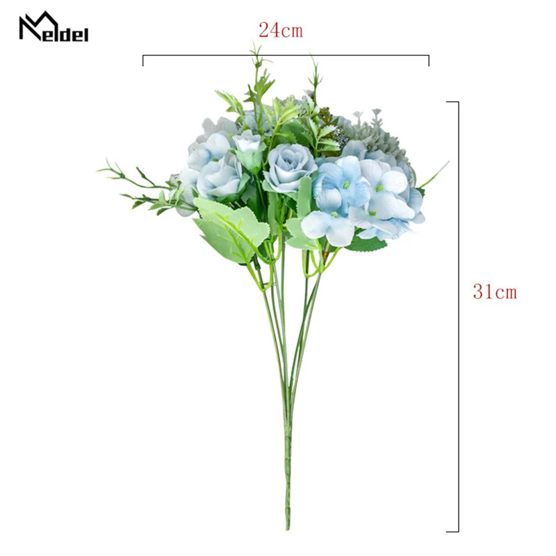 Meldel Fake Flower Bouquet 7 Heads Hydrangea Flowers Artificial Silk Blooming Rose Peony Pompon Bride Wedding Decoration | Свадьбы и