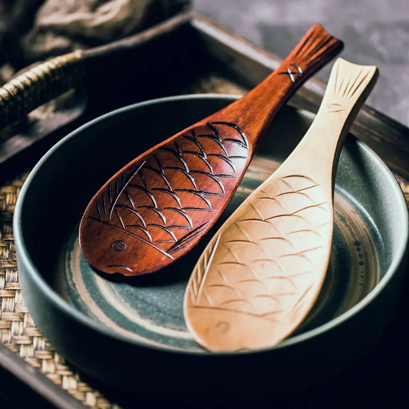 Japanese Wooden Rice Spoon Household Fish Shape Non Stick Solid Wood Creative Cute Kitchen|Ложка для риса| |