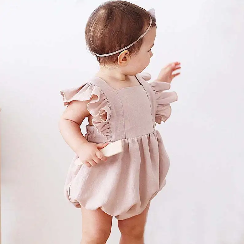 Baby Girls Rompers Summer Solid Color Cotton Linen Ruffles Fly Sleeveless Infant Kids Climb Clothing Jumpsuits 3-24M